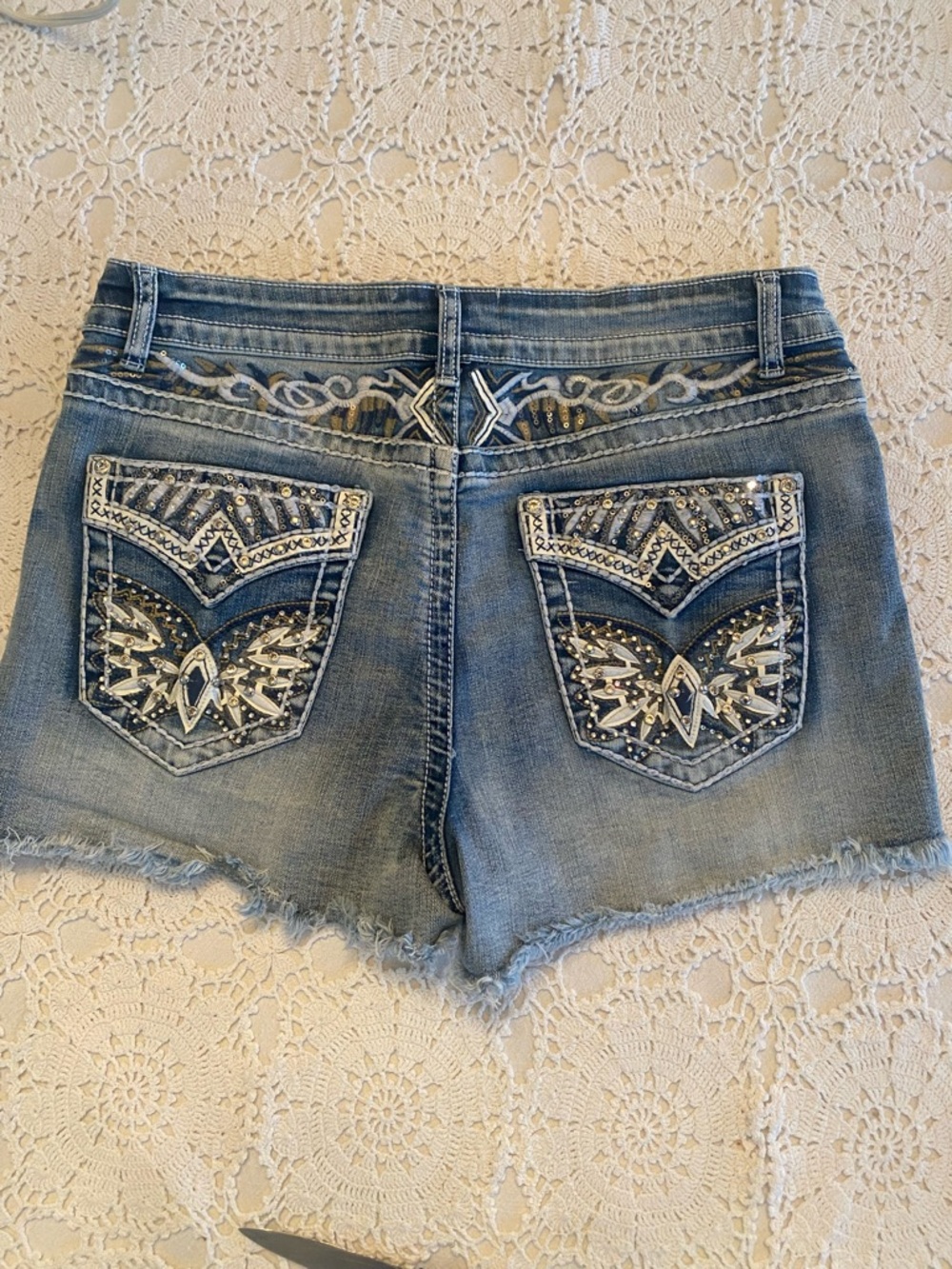 Telepatia  Jean Shorts Embroidered Bling Women’s Sz 13 Raw Hem NWOT